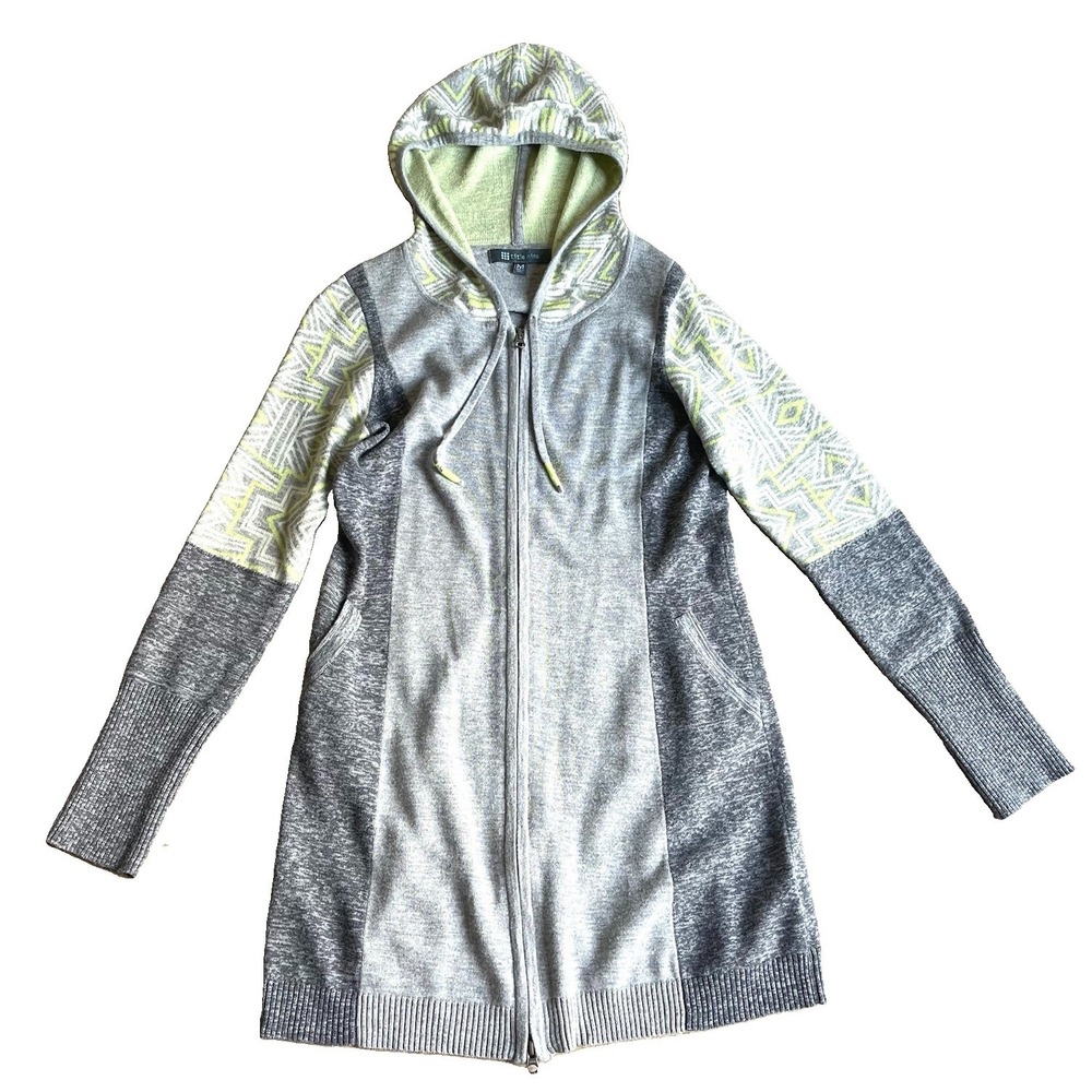 Title Nine Merino Wool Full Zip Sweater Dress Grey Lime Green Geometric Sz M